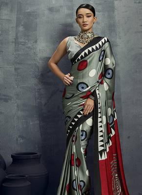 satin grey printed saree with blouse fabric 1