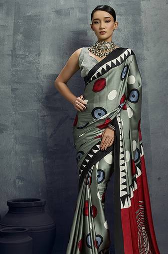 satin grey printed casual saree