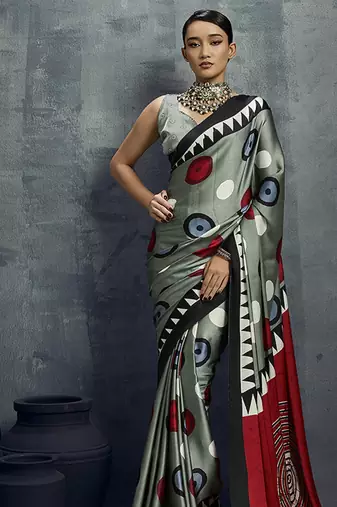 satin grey printed casual saree