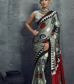 satin grey printed casual saree