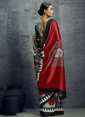 satin grey printed saree with blouse fabric 2