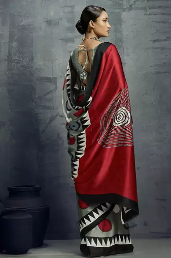 satin grey printed saree with blouse fabric