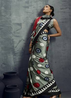 satin grey printed saree with blouse fabric 3