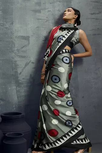 satin grey printed saree with blouse fabric