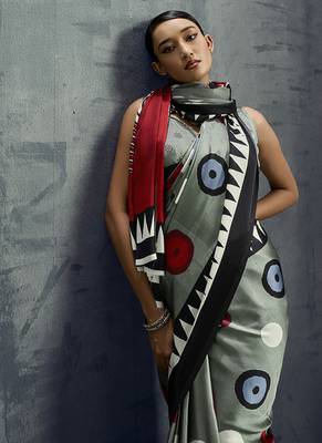 satin grey printed saree with blouse fabric 4