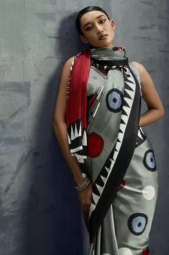 satin grey printed saree with blouse fabric