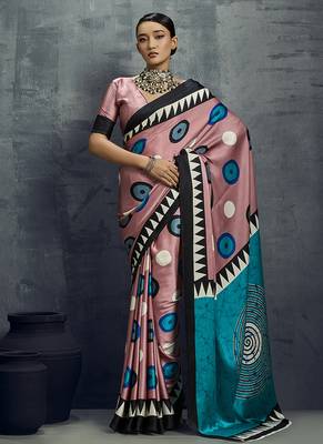 satin light pink printed saree with blouse fabric 1