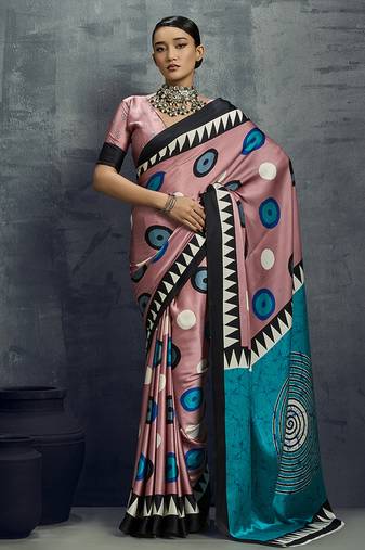satin light pink printed casual saree