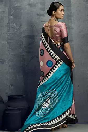 satin light pink printed saree with blouse fabric