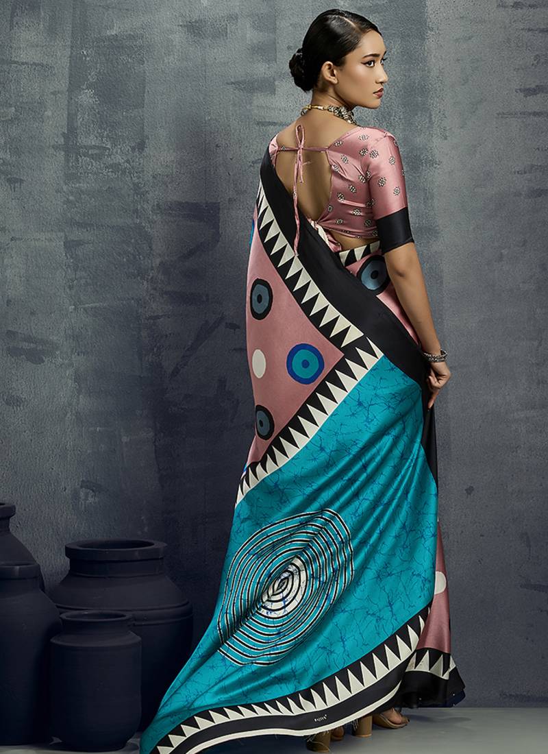 satin light pink printed casual saree