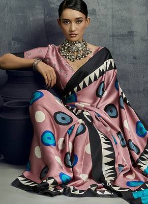 satin light pink printed saree with blouse fabric 3