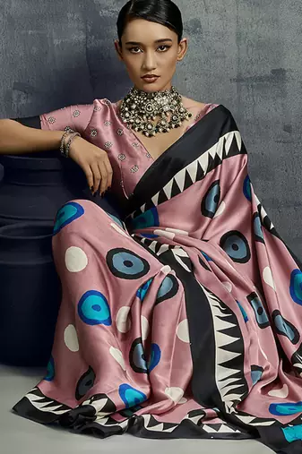 satin light pink printed saree with blouse fabric