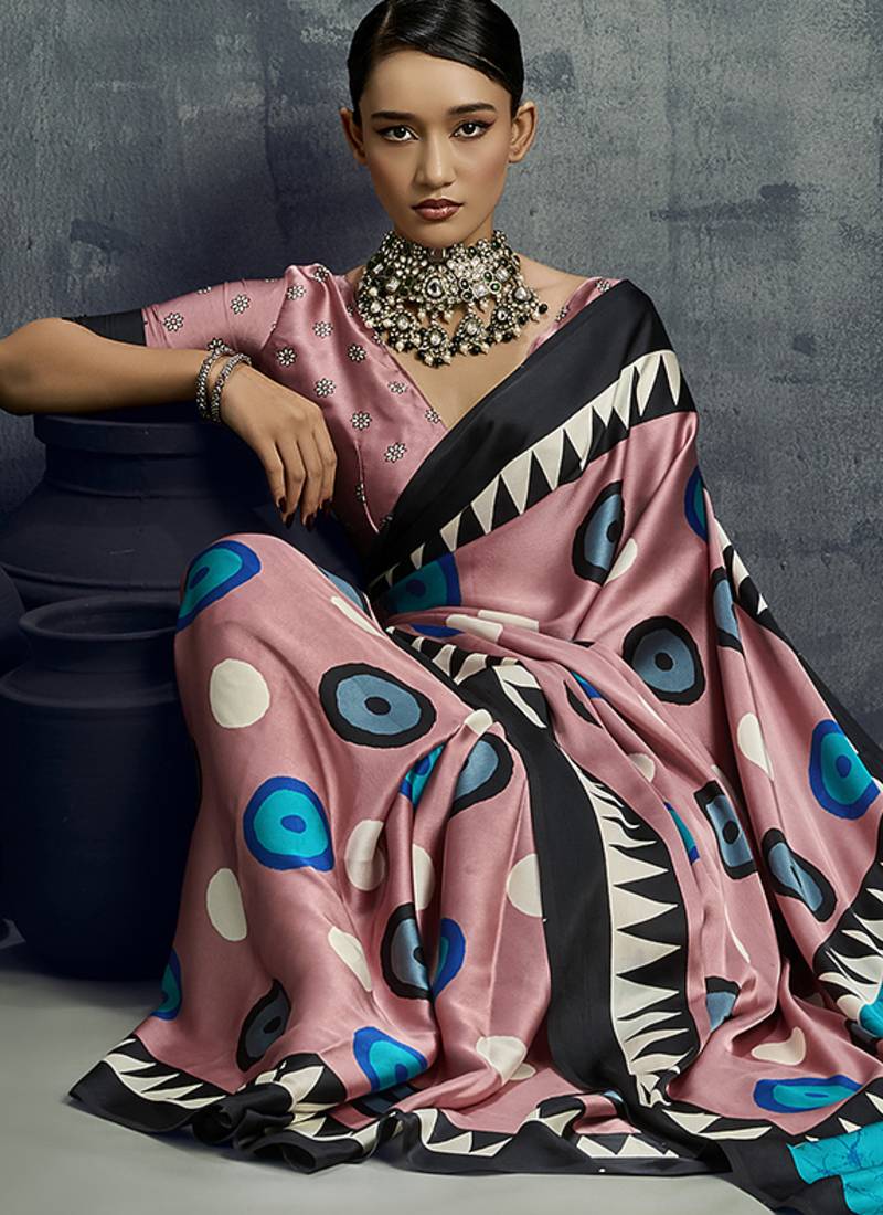 satin light pink printed casual saree