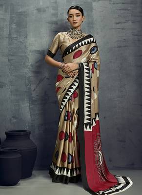 satin chiku printed saree with blouse fabric 1