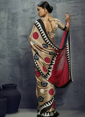 satin chiku printed saree with blouse fabric 2