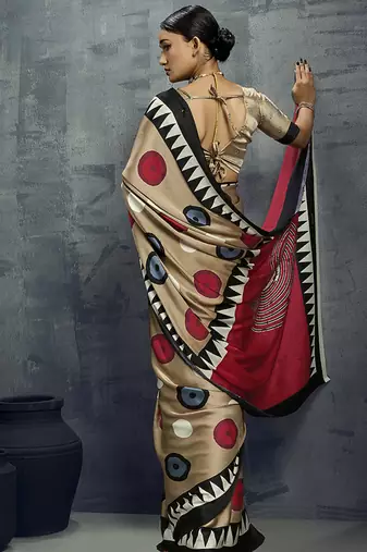 satin chiku printed saree with blouse fabric