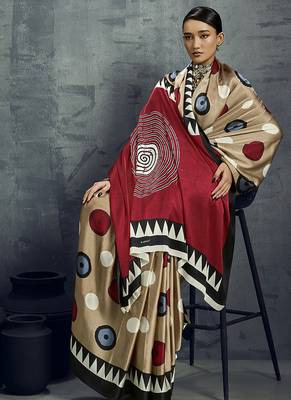 satin chiku printed saree with blouse fabric 3