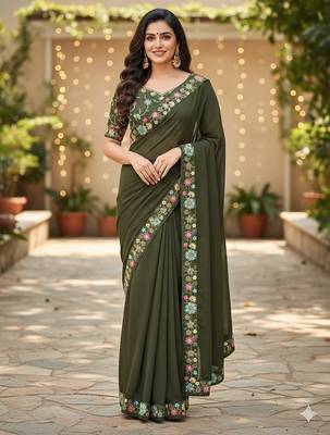 mehendi green sequin georgette saree with blouse for festive wear 1