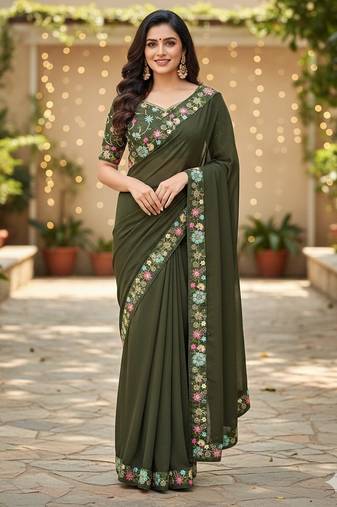 mehendi green georgette saree with sequin work and blouse