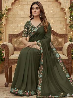 mehendi green sequin georgette saree with blouse for festive wear 2