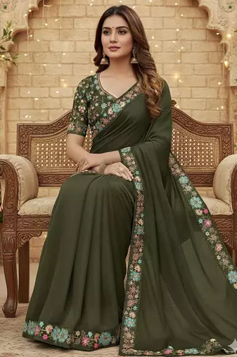 mehendi green sequin georgette saree with blouse for festive wear