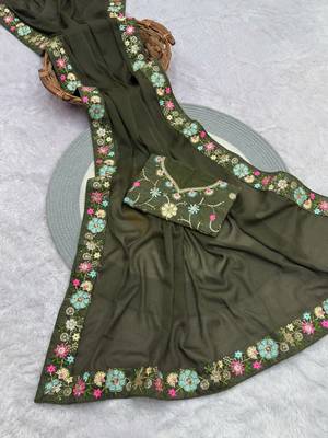 mehendi green sequin georgette saree with blouse for festive wear 3