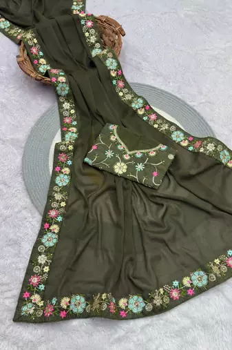 mehendi green sequin georgette saree with blouse for festive wear
