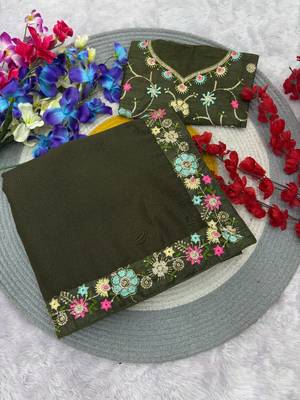 mehendi green sequin georgette saree with blouse for festive wear 5