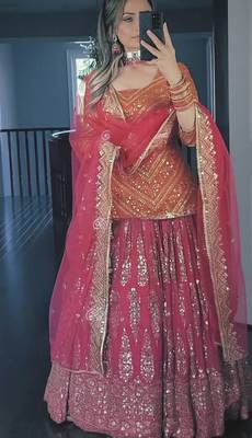 Orange and pink faux georgette embroidered Lehenga Choli 3