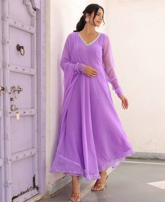 lavender solid anarkali kurta with trousers and dupatta set 1