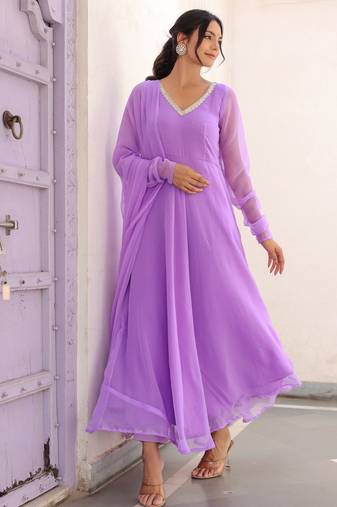 lavender solid anarkali kurta with trousers and dupatta set