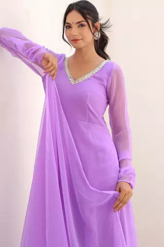 lavender solid anarkali kurta with trousers and dupatta set