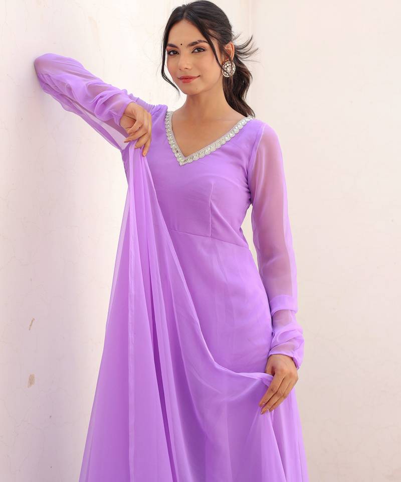 lavender solid anarkali kurta with trousers and dupatta set