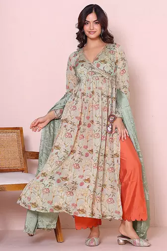green floral printed angrakha kurta with palazzo set