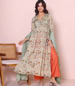 green floral printed angrakha kurta with palazzo set