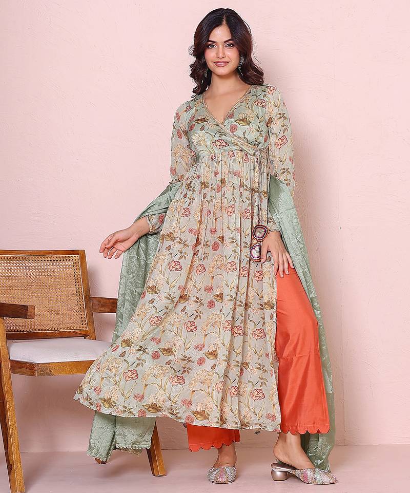 green floral printed angrakha kurta with palazzo set