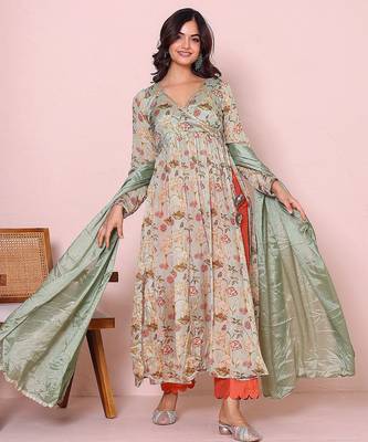 green floral printed angrakha kurta with palazzo set 2