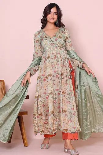 green floral printed angrakha kurta with palazzo set
