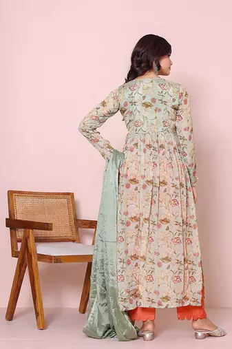 green floral printed angrakha kurta with palazzo set