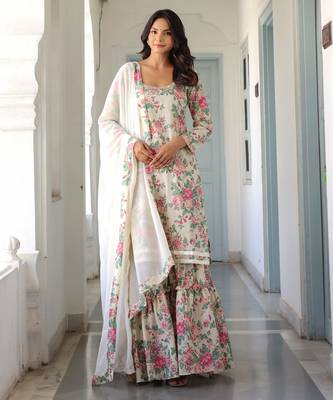 off-white floral printed pure cotton kurti with sharara set 1