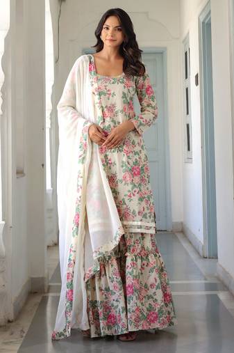 off-white floral printed pure cotton kurti with sharara set