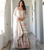 off-white floral printed pure cotton kurti with sharara set