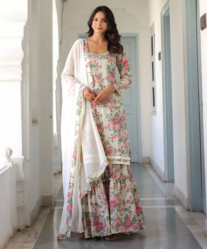 off-white floral printed pure cotton kurti with sharara set