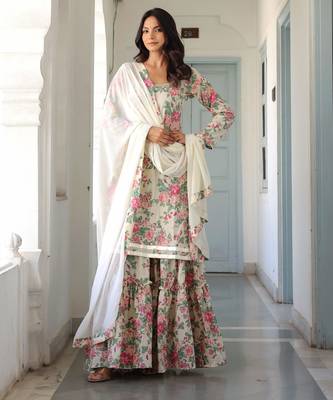 off-white floral printed pure cotton kurti with sharara set 2
