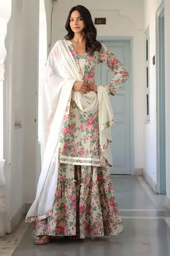 off-white floral printed pure cotton kurti with sharara set