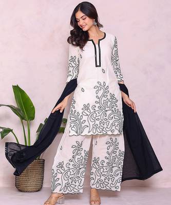 beige floral embroidered pure cotton kurta with palazzo set 1