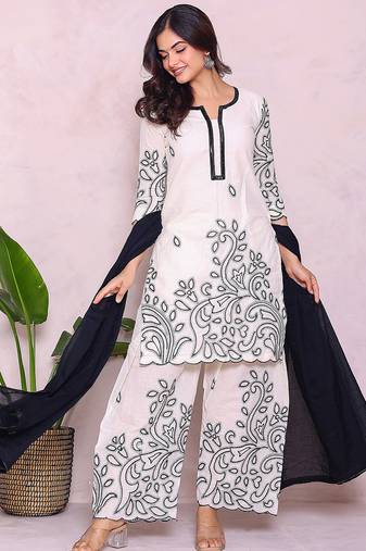 beige floral embroidered pure cotton kurta with palazzo set