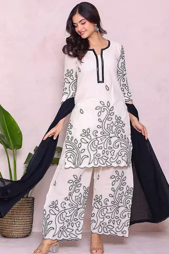 beige floral embroidered pure cotton kurta with palazzo set