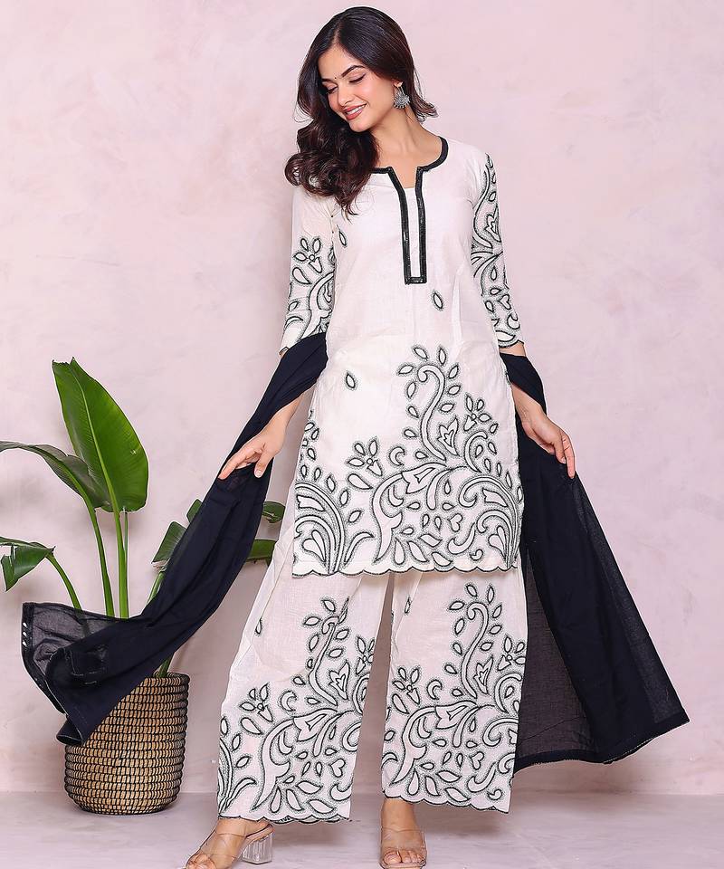 beige floral embroidered pure cotton kurta with palazzo set