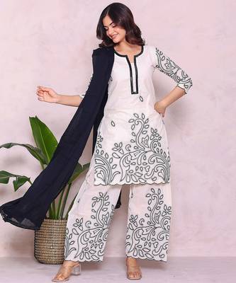 beige floral embroidered pure cotton kurta with palazzo set 2